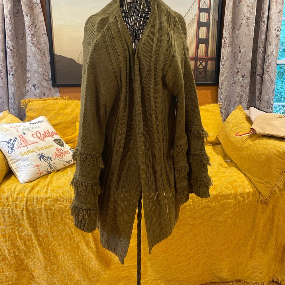 EARTHBOUND Olive Cardigan with Fringe Accents